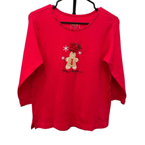 Alyssa Whitmore Womens Christmas Top Gingerbread Man Bow Design - Picture 1 of 9